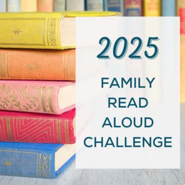 Stack of books with text overlay that reads, 2025 Family Read Aloud Challenge