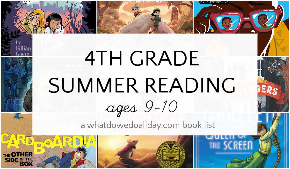 Collage of book covers with text overlay, 4th grade summer reading ages 9-10.