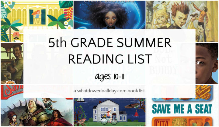 Collage of book covers with text overlay, 5th grade summer reading ages 10-11.