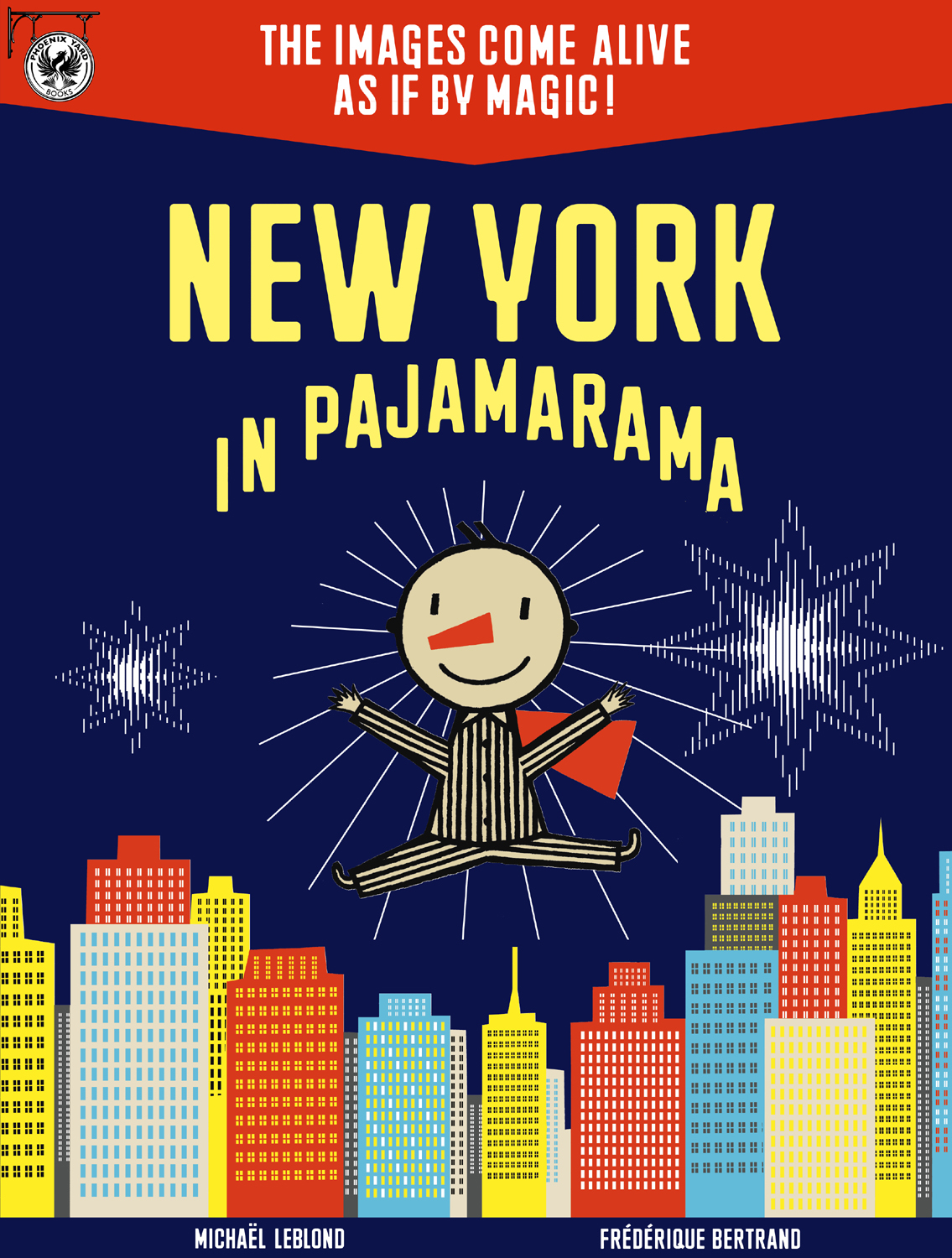 New York in Pajamarama book cover with illustration of boy in striped pjs leaving over colorful skyscraper cityscape.