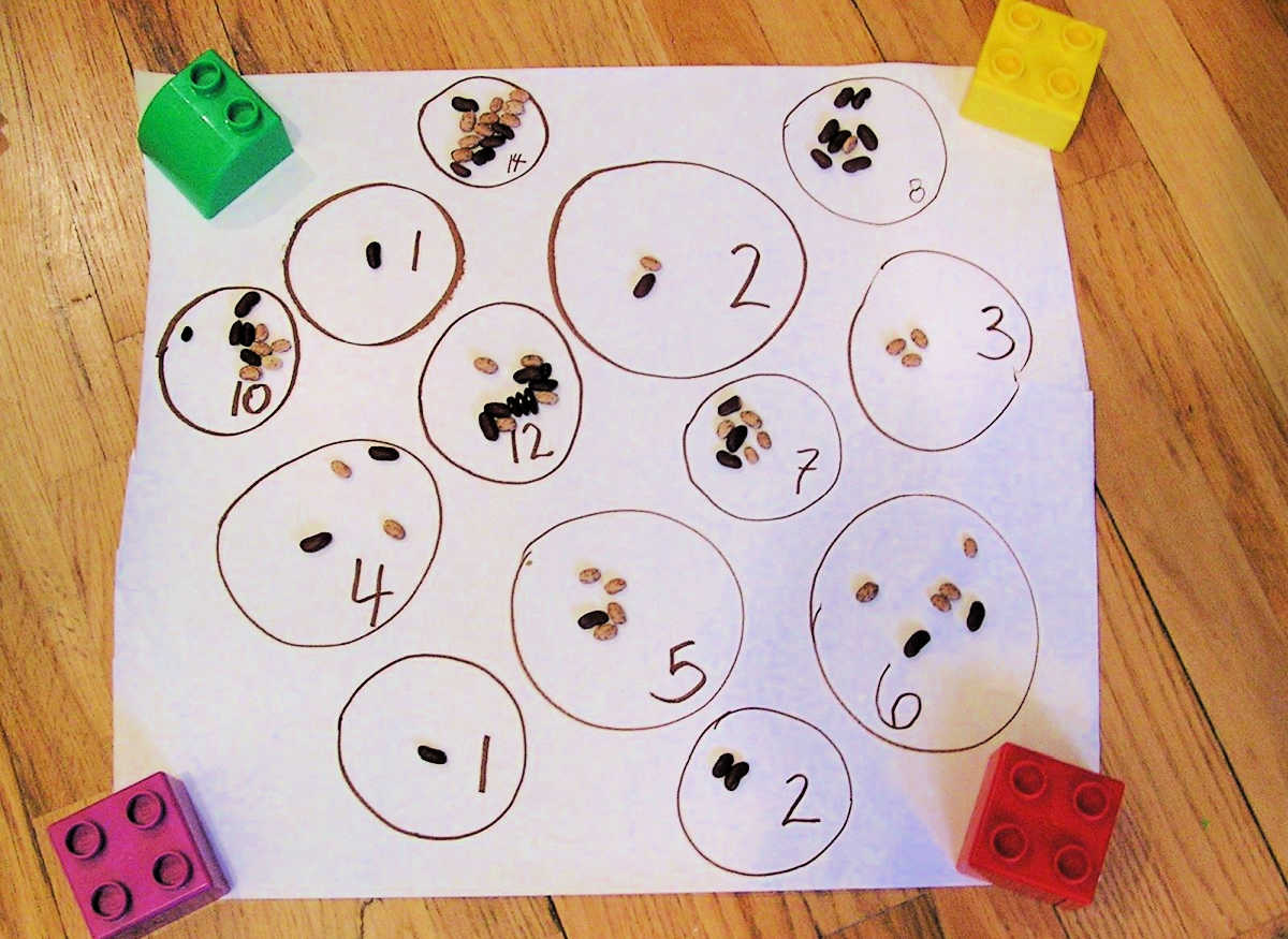 Paper with numbered circles and beans for preschool counting activity