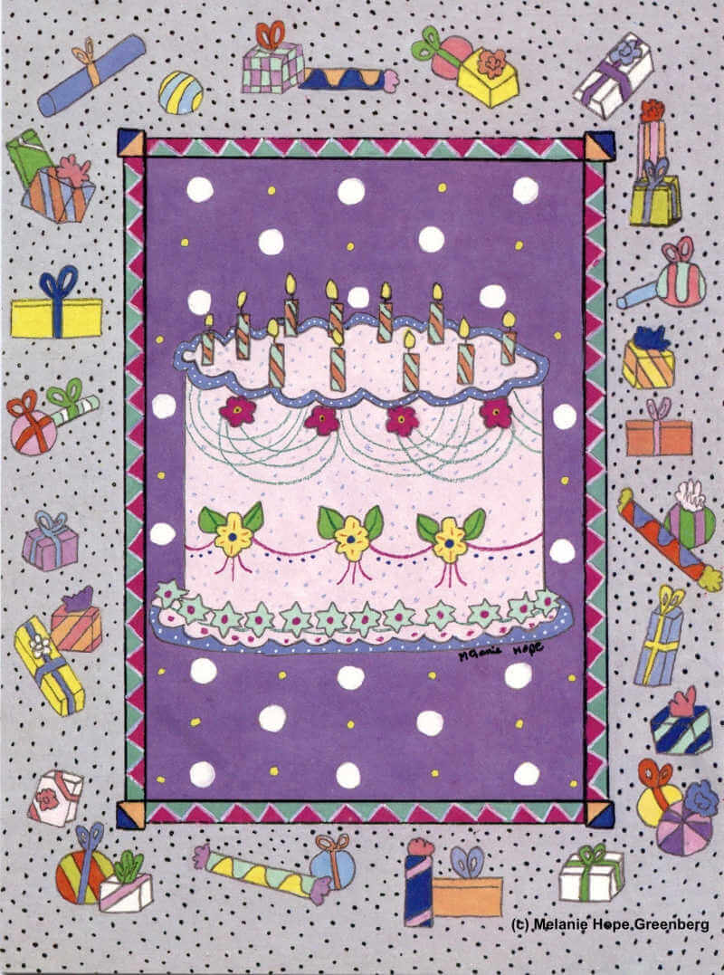 Illustration of birthday cake surrounded by gifts and candy.