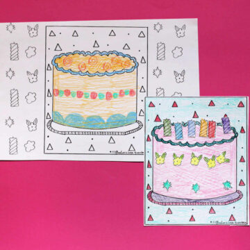 Two colored in-birthday cake coloring pages.