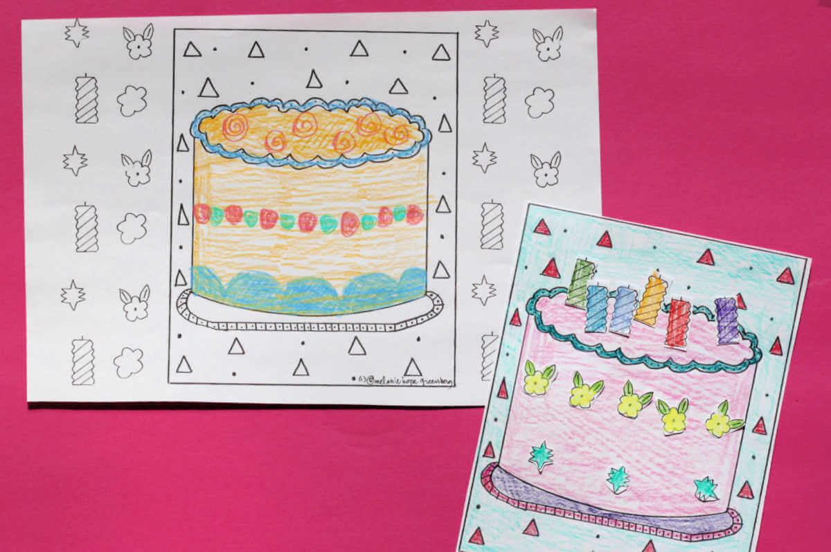 Two colored in-birthday cake coloring pages.