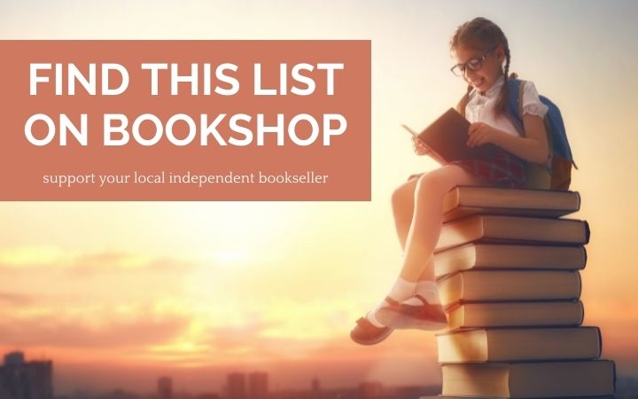 Girl sitting on stack of books