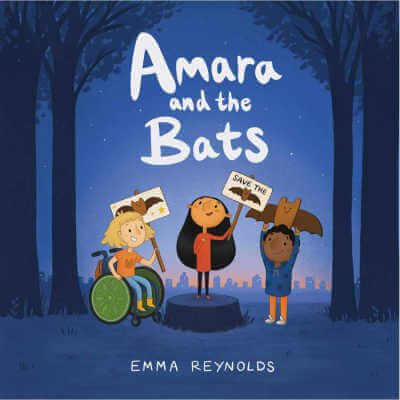 Amara and the Bats book cover with illustration of three children holding bat signs.