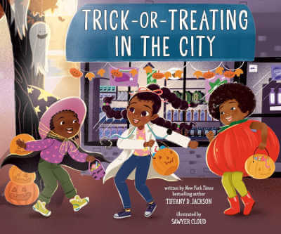 Tick or Treating in the City book cover with illustration of three children in costume in front of store.