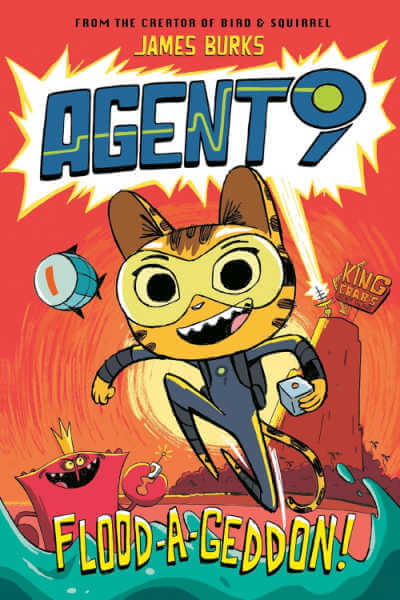 Agent 9 graphic novel book cover showing cat spy in mask next to red mechanical fish and wave.