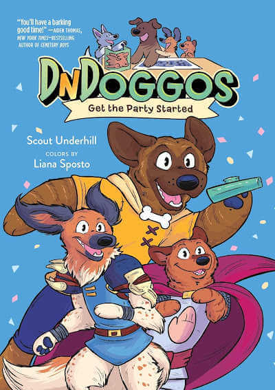 DNDoggos graphic novel book cover with three dogs wearing clothing and smiling.