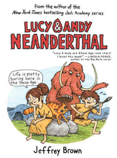 Lucy and Andy Neanderthal graphic novel book cover featuring mammoth about to stomp on cat next to two neanderthal children.