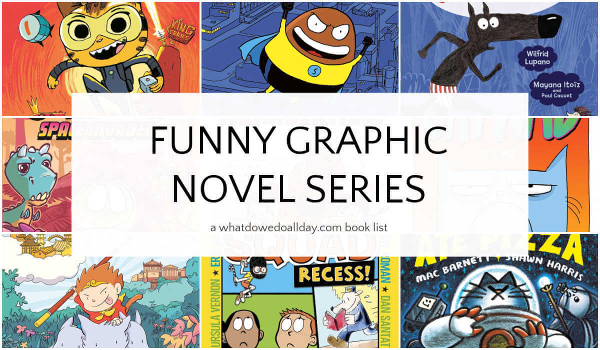 Collage of graphic novel book covers with text overlay that reads, Funny Graphic Novel Series.