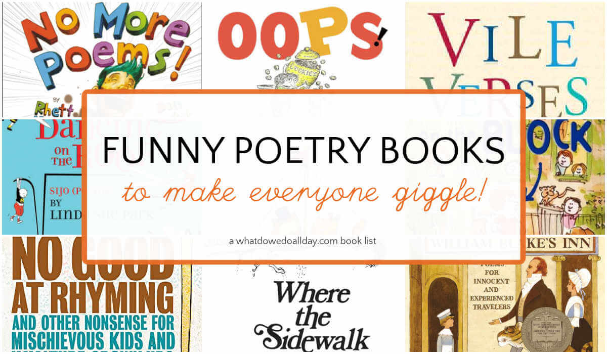 Collage of poetry books with text overlay, Funny Poetry Books to make everyone giggle.