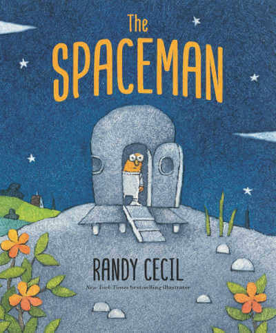 The Spaceman by Randi Cecil book cover with illustration of alien peeking out of his spacecraft. 