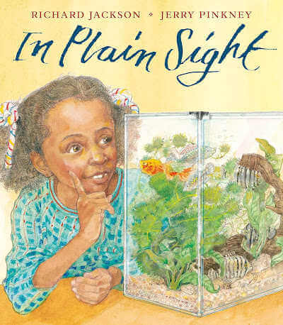 In Plain Sight book cover with illustration of Black girl looking into tabletop fish aquarium. 