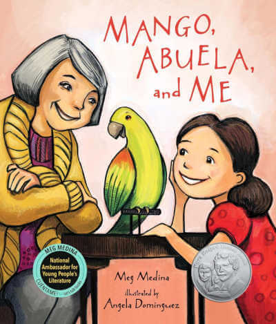 Mango, Abuela, and Me book cover with illustration of grandmother and child looking at a parrot.