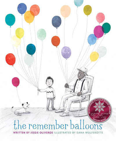 The Remember Balloons book cover with illustration of child, dog and grandfather in rocking chair all holding colorful balloons.