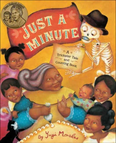 Just A Minute book cover with illustration of grandmother surrounded by children and a skeleton wearing a hat.