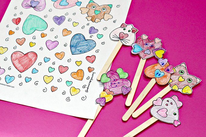 heart animals coloring page and stick puppets