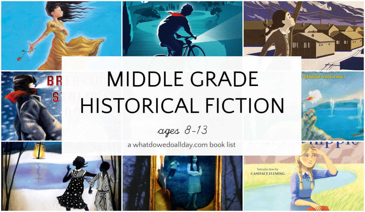 Collage of book covers with text overlay, Middle Grade Historical Fiction.