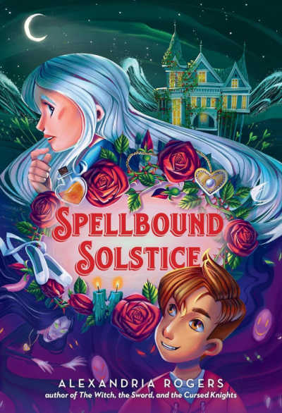 Spellbound Solstice book cover with illustration of two teens and house at night.