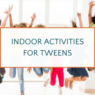 Group of kids jumping indoors with text overlay, Indoor Activities for Tweens.