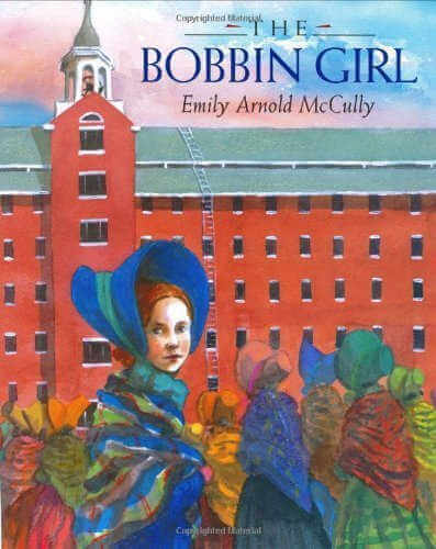 The Bobbin Girl book cover with illustration of 19th century girls in front of red brink manufacturing building.