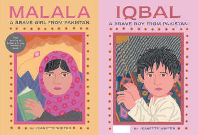 Dual book covers for Malala and Iqbal featuring illustrations of the title characters.