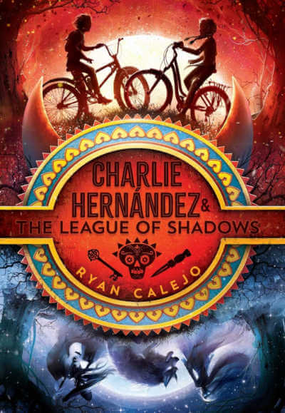 Book cover for Charlie Hernadez and the League of Shadows. Top half is red-tinted photo of two children on bicycles. Bottom half is upside-down blue tinted photo of monsters.