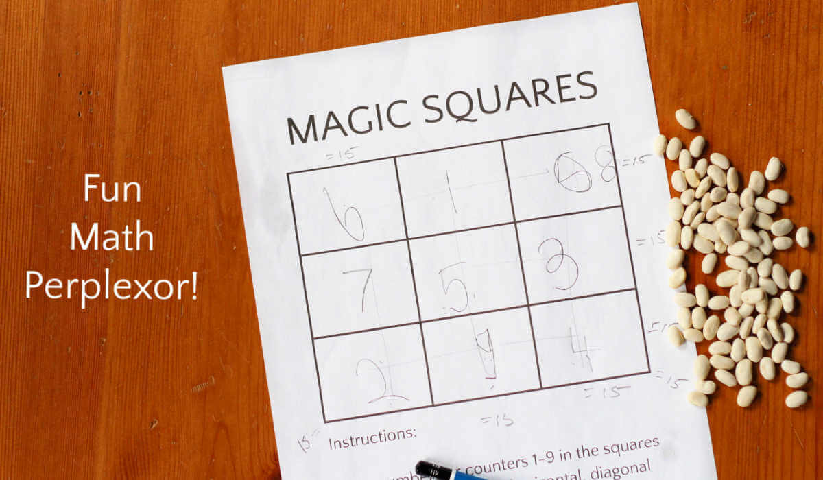 Magic square printable on table with large grid of nine squares filled in with pencil drawn numbers. Blue pencil and pile of beans nearby, with text overlay, Fun Math Perplexor!