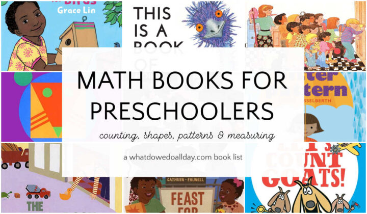 Math books for preschoolers in a collage of book covers with text overlay