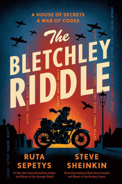 The Bletchley Riddle book cover with illustration of motorcycle against backdrop of planes in sky at night.