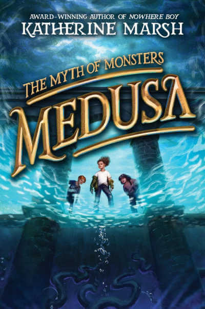 The Myth of Monsters Medusa book cover with illustration of three kids at edge of deep water.