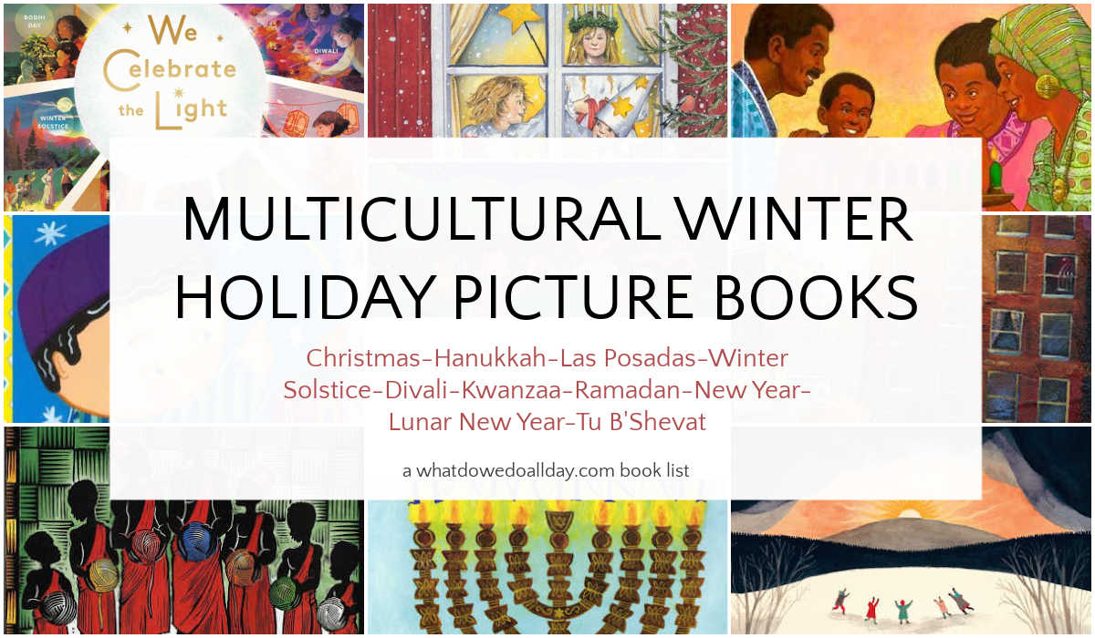 Collage of picture books with text overlay, Multicultural Winter Holiday Picture Books