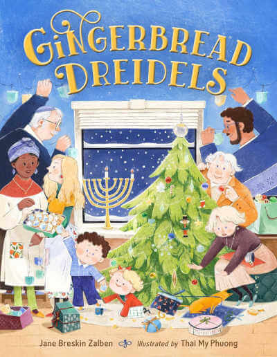 Gingerbread Dreidels picture book cover with illustration of large family around Christmas tree and Hanukkah menorah. 