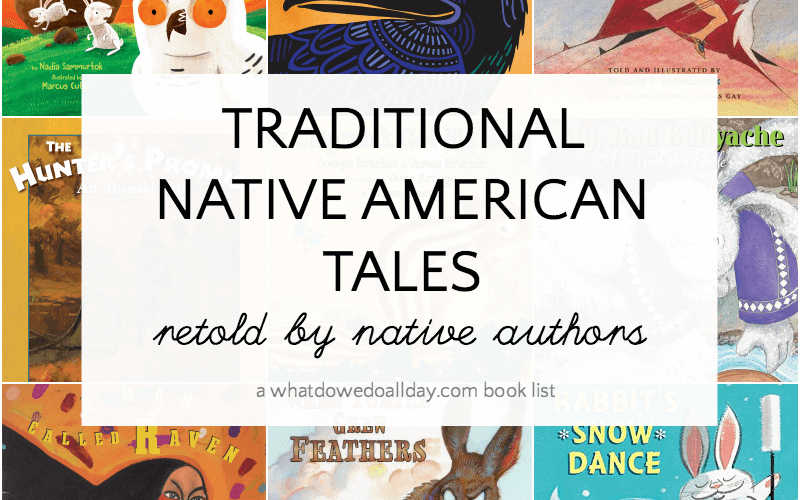 Collage of children's books with text overlay, Tradional Native American Tales retold by native authors