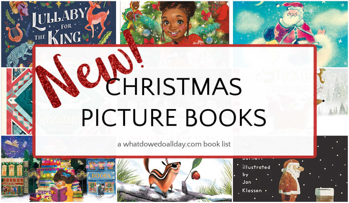 Collage of books with text overlay, "New Christmas Picture Books".