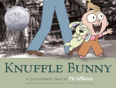 Knuffle Bunny picture book cover with illustration of child holding stuffed rabbit walking down sidewalk with parent.