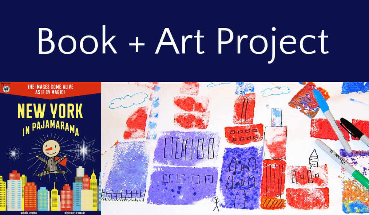 Children's art project of a skyline created by sponge painting shapes with book cover for New York in Pajamarama.