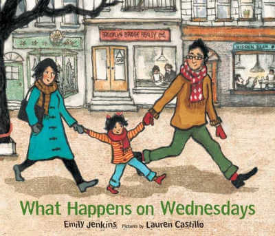 What Happens On Wednesdays picture book cover with illustration of parents holding the hands of a child on city sidewalk.