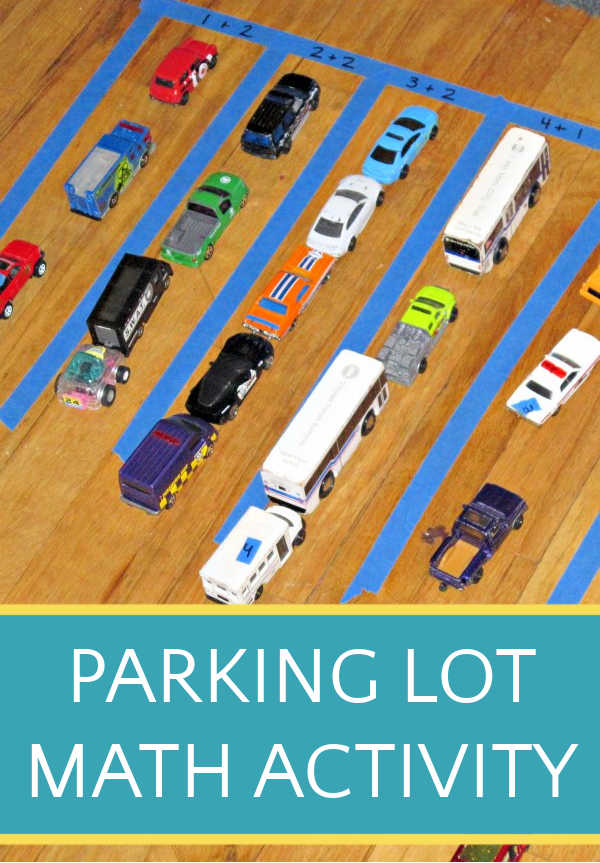 Toy vehicles in rows defined on the floor with blue tape and text overlay, Parking Lot math activity.