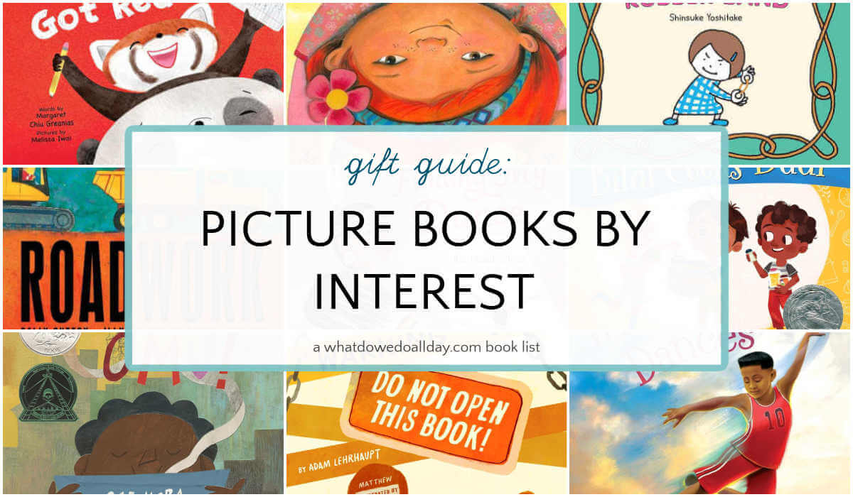 Collage of picture books with text overlay, gift guide picture books by interest.