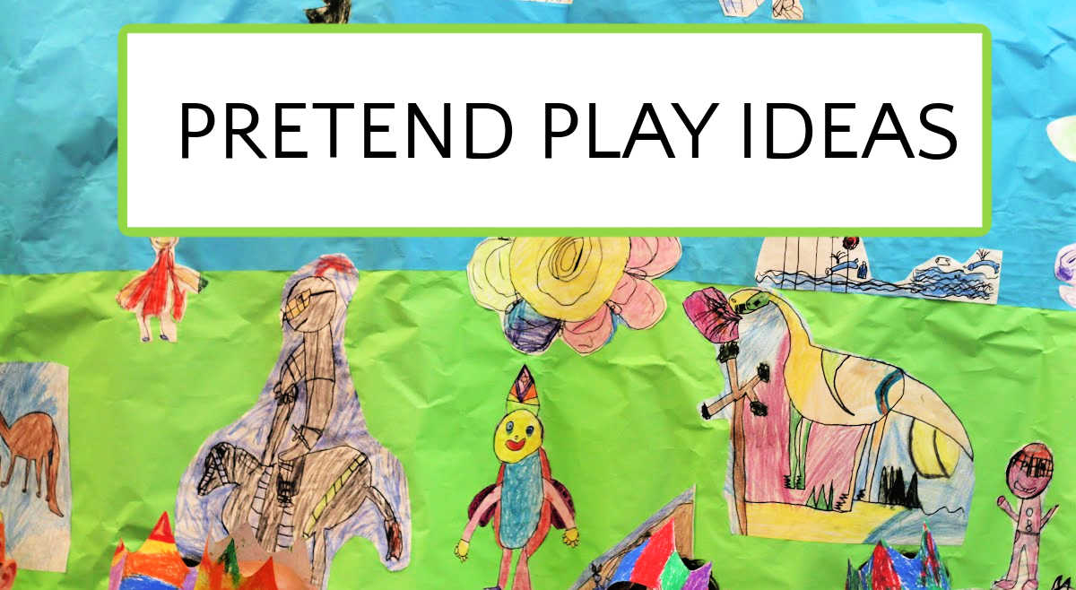 Child's drawings cut out on blue and green background to use in pretend play scape with text, Pretend Play Ideas.