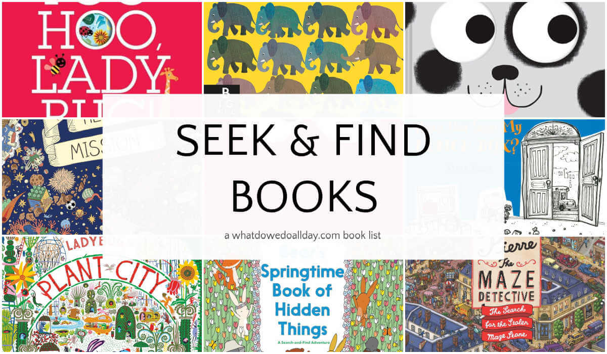 Grid of picture books with text overlay, Seek and Find Books.