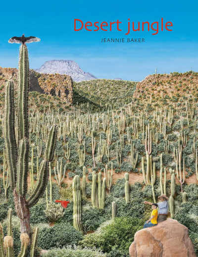 Desert Jungle picture book cover with collage illustration of Sonoran Desert and two people sitting on a rock.