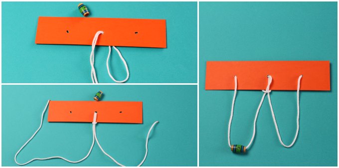 Collage of three steps to make string and bead puzzle using orange board with three equidistant holes containing white string through all three holes and one multicolored bead