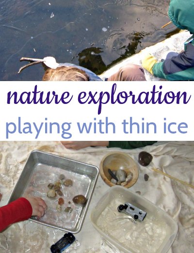 Collage of children playing with thin ice outdoors and indoors.