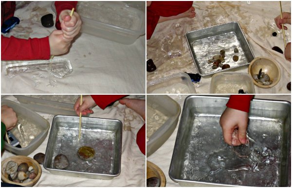 Collage of children playing with ice in a tray with bowls of rocks.