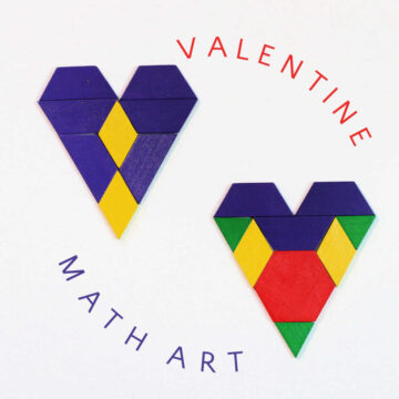 Two tangram hearts made with colorful wooden blocks and text overlay that reads, "Valentine math art."