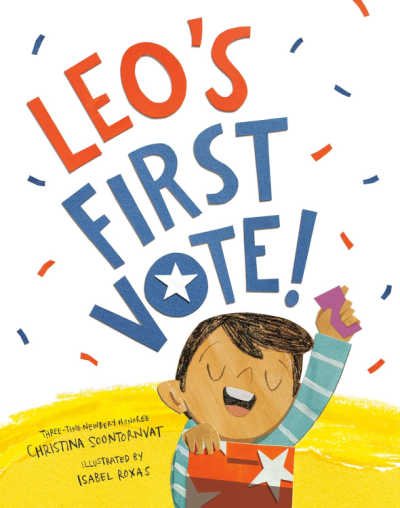 Leo's First Vote book cover with illustration of boy putting ballot in box.