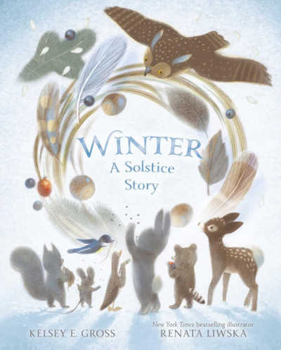 Winter A Solstice Story picture book cover, with illustration of animals and nature elements in a circe.